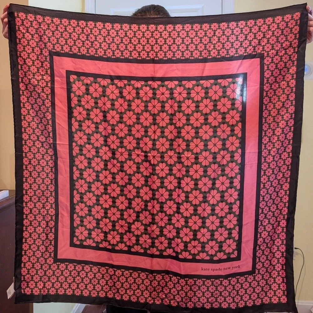 Kate Spade Scarf Women OS Pink Black Silk Spade Flower Monogram Square